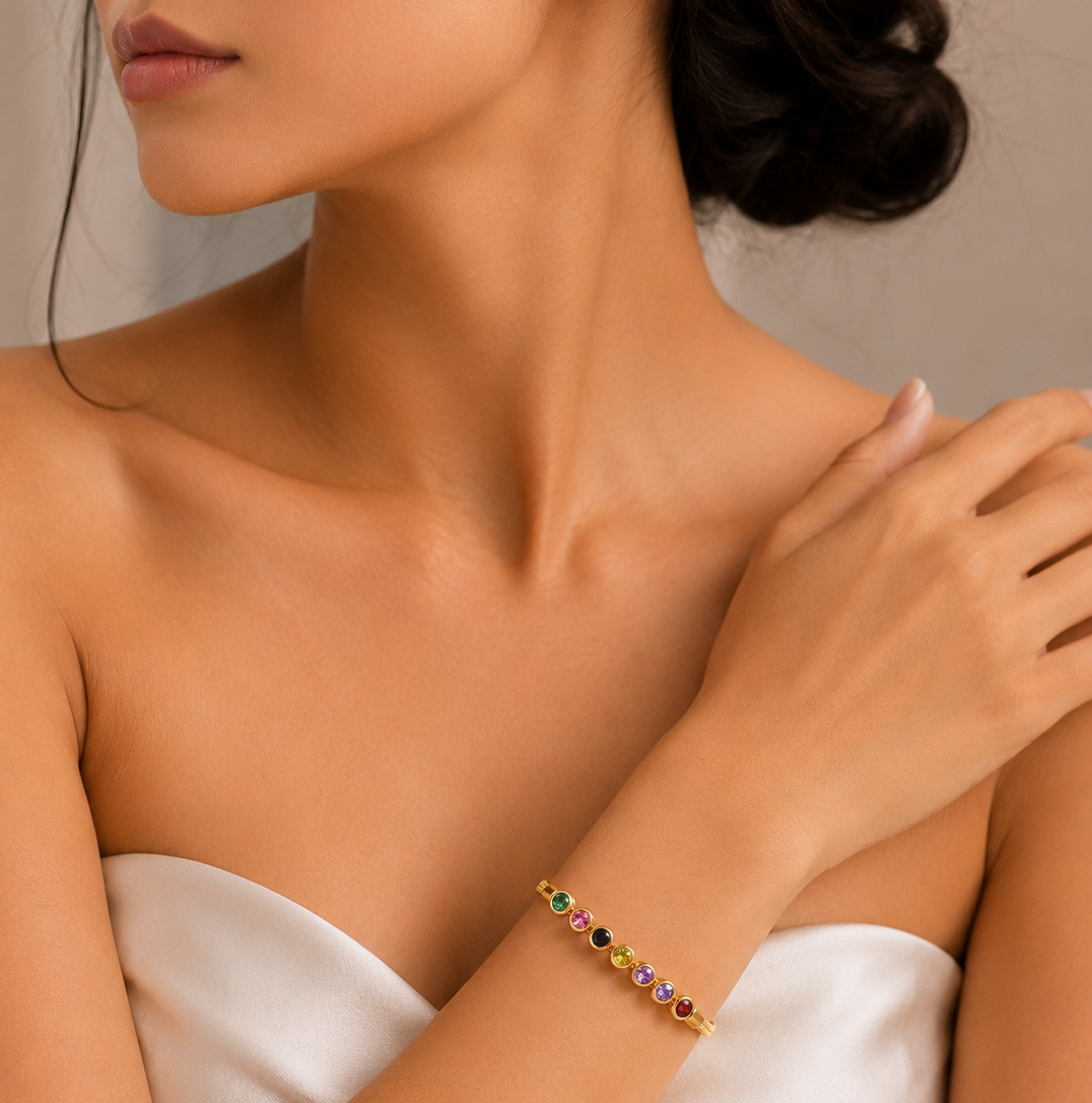 Zeroxo | 18K Gold Plated Multicolor Gemstone Snake Chain Bracelet